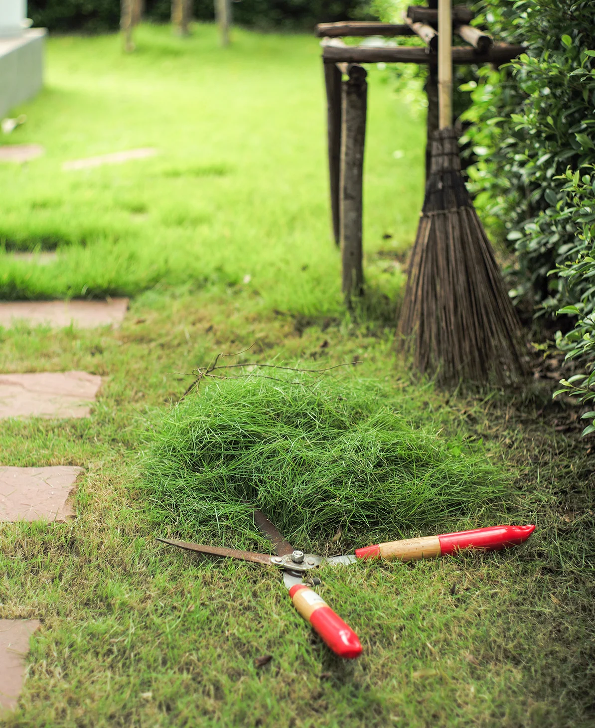 Rasenpflege mit Gartenschere und Besen